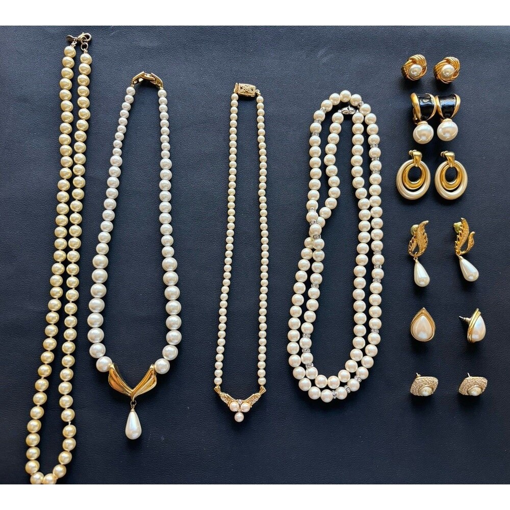 Lot Of 9 Vintage Pearl Jewelry Monet Napier AK Necklace Earrings Gold Tone